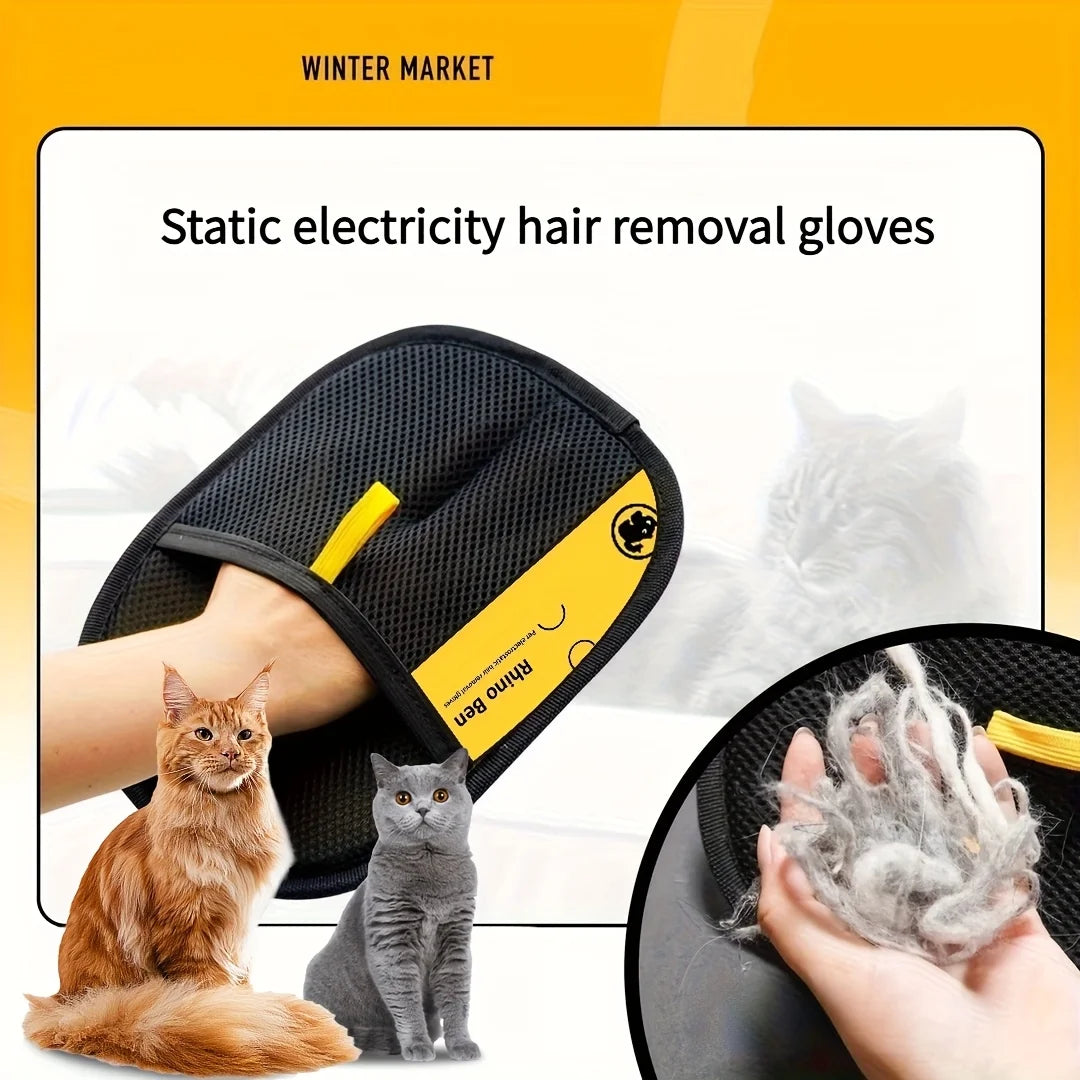 Upgrade Edition Large Pet Static Hair Removal Gloves - Black Polypropylene Cat Grooming Gloves with Yellow Accents